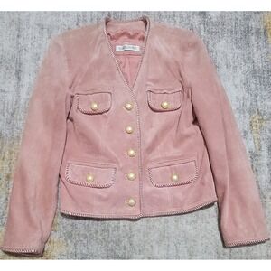 Vtg‎ Evan Davies Women's Pink Suede Button Front Collarless Jacket Size 4